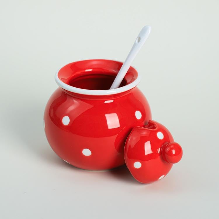 123Arts Ceramics Dot Sugar Salt Pepper Storage Jar Seasoning Pot with Lid And Spoon - Image 2