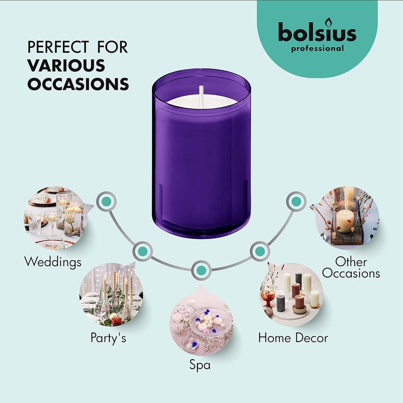 BOLSIUS 24 Hour Votive Candles - 20 Pack Restaurant Candles in Purple Unbreakable Plastic Cups - Premium European Quality - Unscented Smokeless Wedding, Birthday, Party & Relight Candles - Image 4