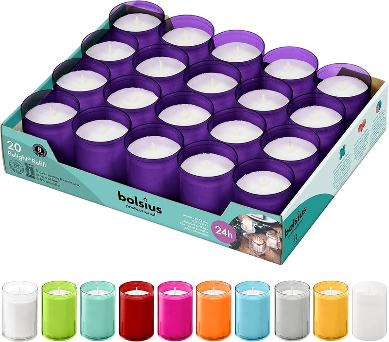 BOLSIUS 24 Hour Votive Candles - 20 Pack Restaurant Candles in Purple Unbreakable Plastic Cups - Premium European Quality - Unscented Smokeless Wedding, Birthday, Party & Relight Candles - Image 1