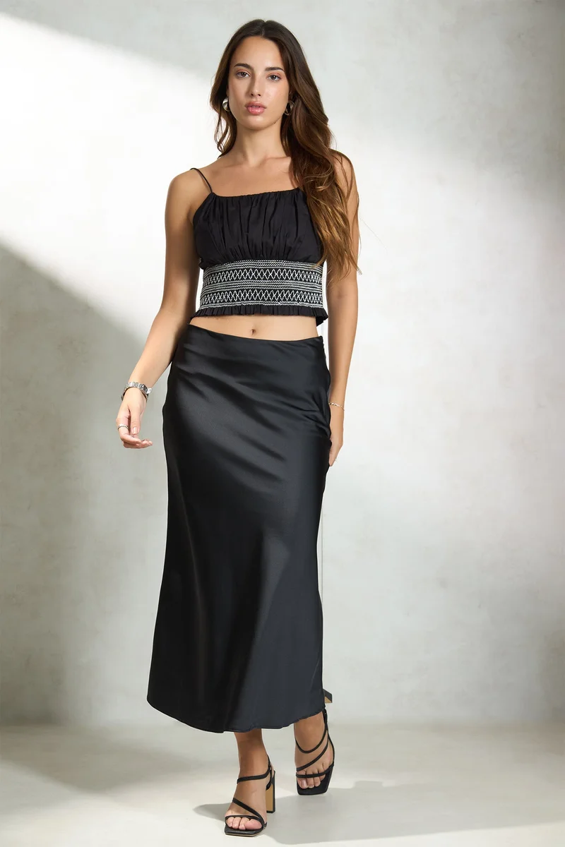 فيرجيو Solid Cotton Strappy Smocked Crop Top for Women