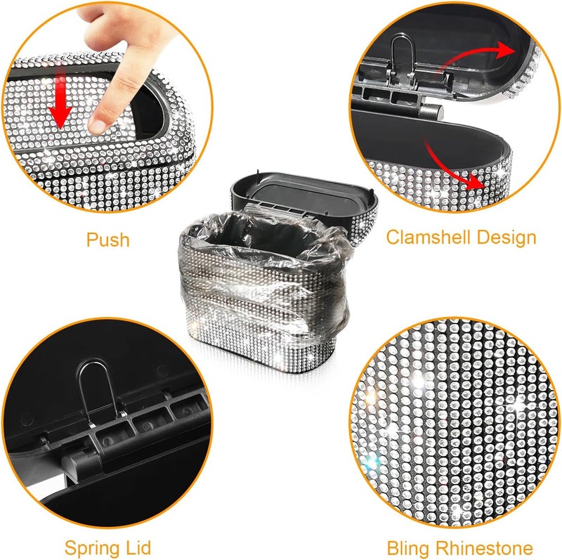 accmor Bling Car Trash Can with 30pcs Garbage Bags, Vehicle Trash Bin with Lid Auto Dustbin Organizer Garbage Storage, Sparkling Crystal Mini Trash Container Holder - Image 3