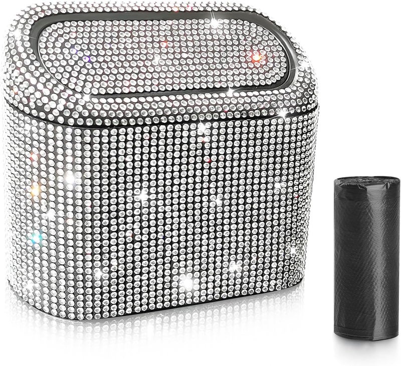 accmor Bling Car Trash Can with 30pcs Garbage Bags, Vehicle Trash Bin with Lid Auto Dustbin Organizer Garbage Storage, Sparkling Crystal Mini Trash Container Holder - Image 1