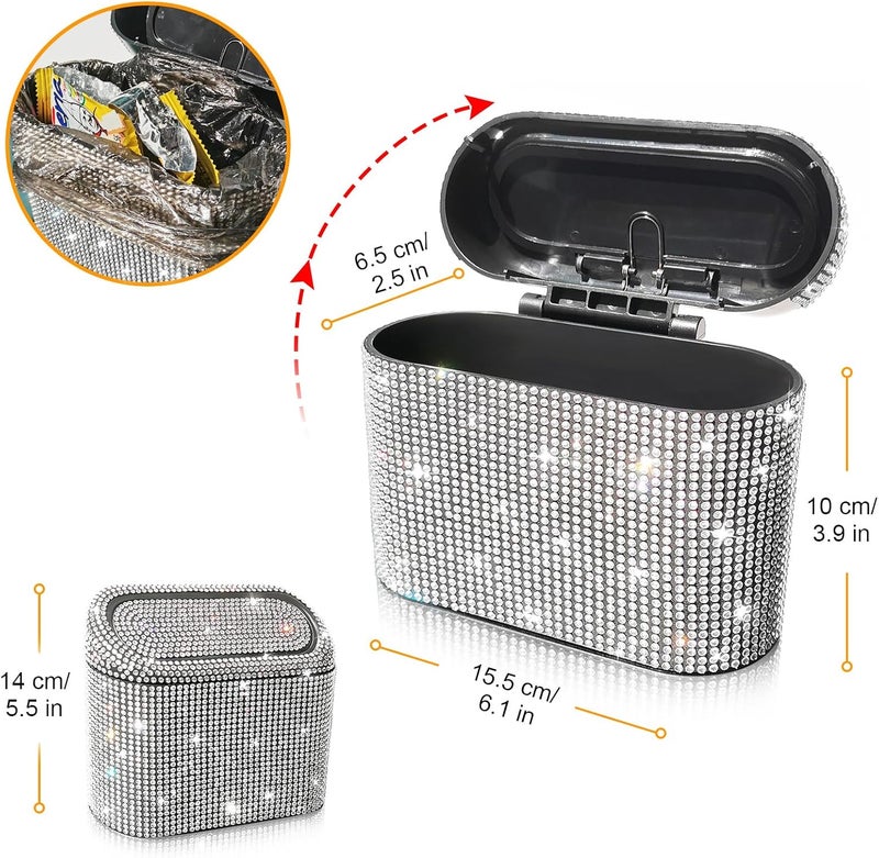 accmor Bling Car Trash Can with 30pcs Garbage Bags, Vehicle Trash Bin with Lid Auto Dustbin Organizer Garbage Storage, Sparkling Crystal Mini Trash Container Holder - Image 2