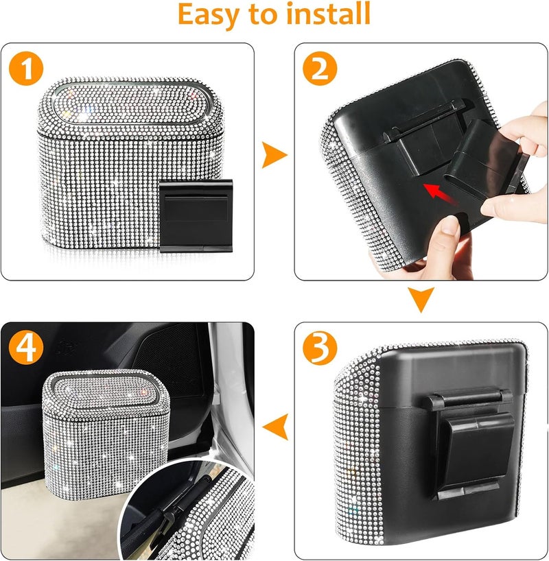 accmor Bling Car Trash Can with 30pcs Garbage Bags, Vehicle Trash Bin with Lid Auto Dustbin Organizer Garbage Storage, Sparkling Crystal Mini Trash Container Holder - Image 4