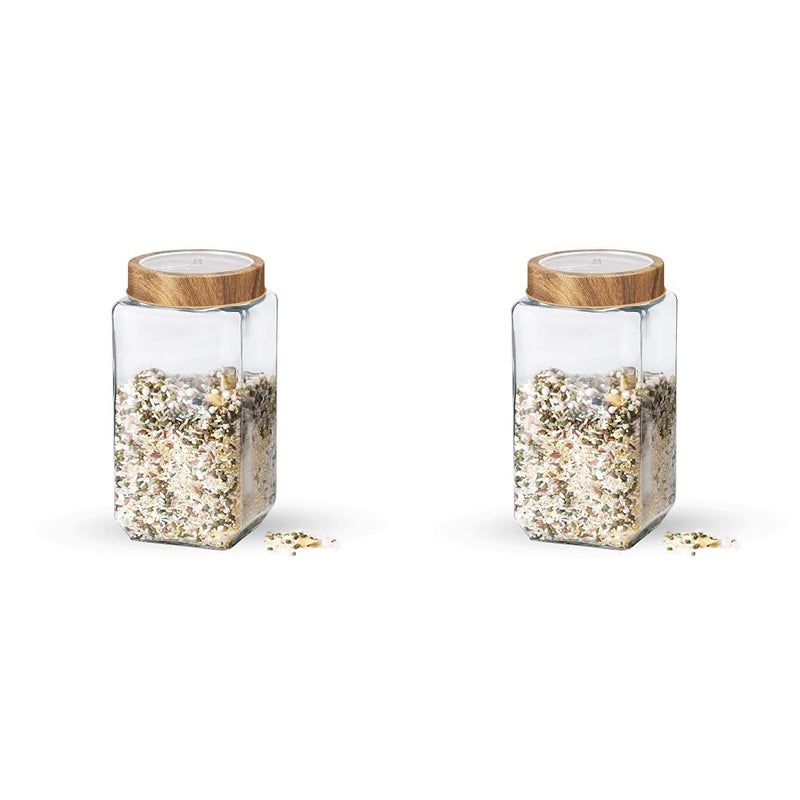 Treo By Milton Woody Cube Glass Jar, 1000 ml, Transparent | Easy to Clean | Candies | Cookies | Pulses | Kitchen Item (Pack of 2)