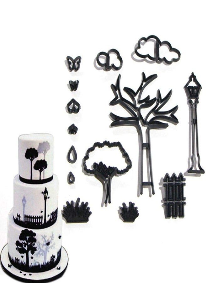 EORTA Set of 14 Fondant/Cookie Cutter Tree/Cloud/Bench/Butterfly Silhouette Gumpaste Flowers Sugar Craft Mold Cake Decorating Tools for Party, DIY, Craft, Park Theme - Image 1