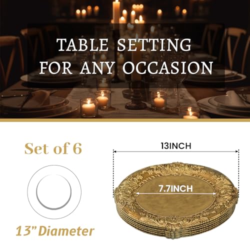MAONAME 13" Antique Gold Charger Plates, Plate Chargers with Embossed Rim, Round Plastic Charger Plates for Wedding, Table Decor, Set of 6 - Image 3