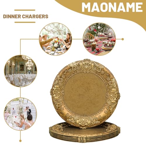 MAONAME 13" Antique Gold Charger Plates, Plate Chargers with Embossed Rim, Round Plastic Charger Plates for Wedding, Table Decor, Set of 6 - Image 2