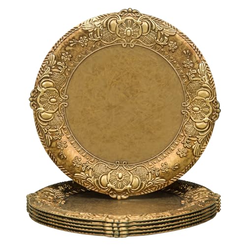 MAONAME 13" Antique Gold Charger Plates, Plate Chargers with Embossed Rim, Round Plastic Charger Plates for Wedding, Table Decor, Set of 6 - Image 1