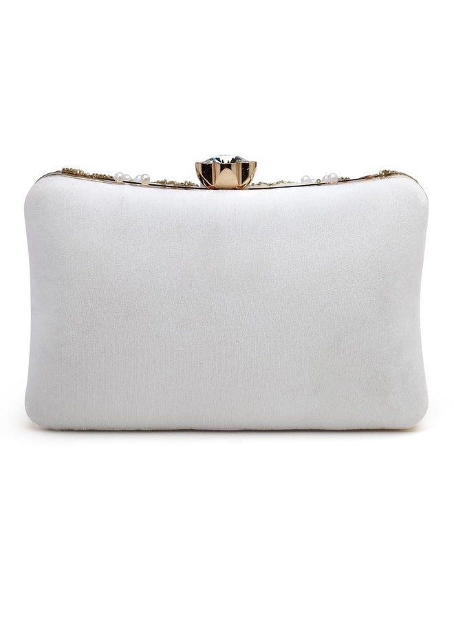 Anekaant Dangle White & Gold Chevron Embellished Velvet Clutch - Image 5