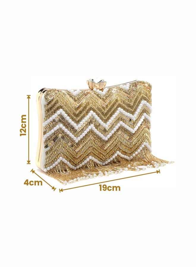 Anekaant Dangle White & Gold Chevron Embellished Velvet Clutch - Image 4