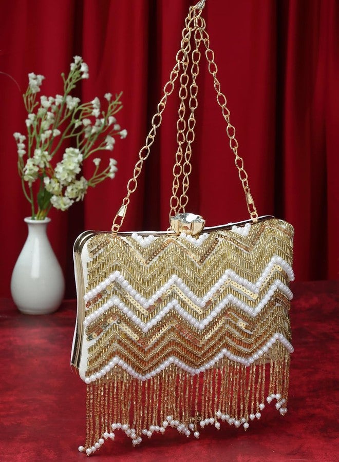 Anekaant Dangle White & Gold Chevron Embellished Velvet Clutch - Image 3