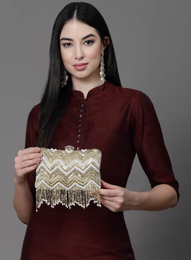 Anekaant Dangle White & Gold Chevron Embellished Velvet Clutch - Image 2