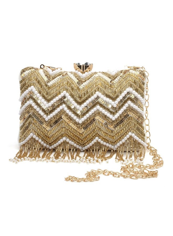 Anekaant Dangle White & Gold Chevron Embellished Velvet Clutch - Image 1