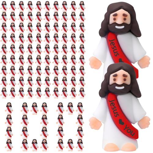 Bememo 100 Pcs Little Jesus Figures Jesus Loves You Original Design Pocket Rubber Little Figures to Hide and Seek Sunday Religious Party Share Easter GiftsRed - Image 1