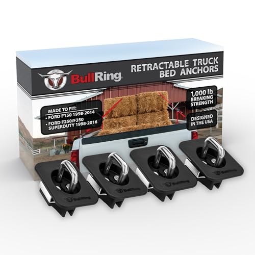Bull Ring Flush Fit Retractable Truck Bed Tie Down Anchors for Ford F150 1998-2014, Ford F250/F350 Super Duty 1998-2016 Pickup, Fits Rear Stake Pockets (2 Pairs) - Image 1
