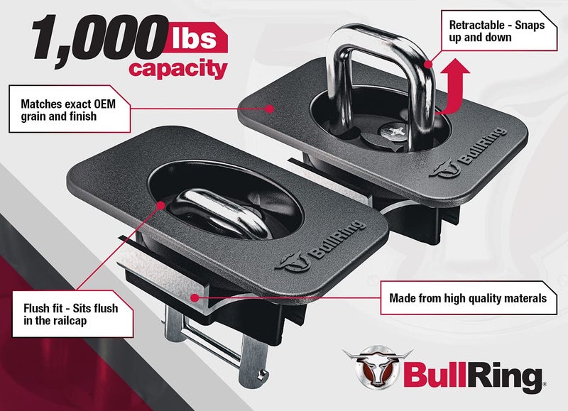Bull Ring Flush Fit Retractable Truck Bed Tie Down Anchors for Ford F150 1998-2014, Ford F250/F350 Super Duty 1998-2016 Pickup, Fits Rear Stake Pockets (2 Pairs) - Image 3