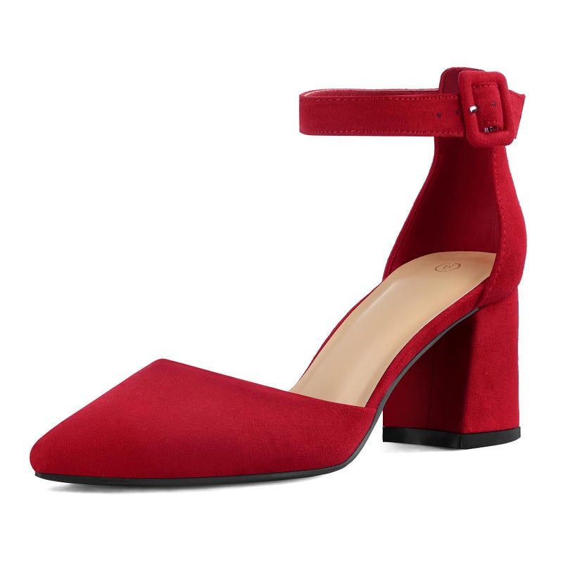 mysoft Women's Pointed Toe Low Chunky Heels Closed Toe Ankle Strap Dress Pump Shoes - Available in Wide Sizes - Image 1