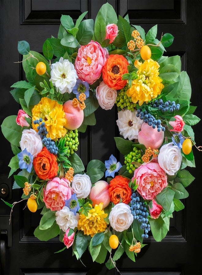 Pinkpuii Spring Wreaths for Front Door 24 Inch Vibrant Spring Summer Wreath with Peonies,Roses,Marigolds,Blueberries & Realistic Fruit Accents (Peach, Lemon)- Ideal for Porch,Entryway,Wall,Window - Image 1
