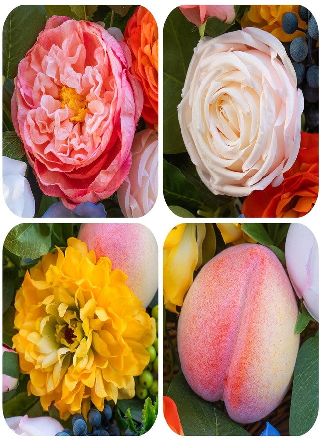 Pinkpuii Spring Wreaths for Front Door 24 Inch Vibrant Spring Summer Wreath with Peonies,Roses,Marigolds,Blueberries & Realistic Fruit Accents (Peach, Lemon)- Ideal for Porch,Entryway,Wall,Window - Image 3