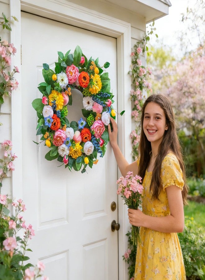 Pinkpuii Spring Wreaths for Front Door 24 Inch Vibrant Spring Summer Wreath with Peonies,Roses,Marigolds,Blueberries & Realistic Fruit Accents (Peach, Lemon)- Ideal for Porch,Entryway,Wall,Window - Image 2