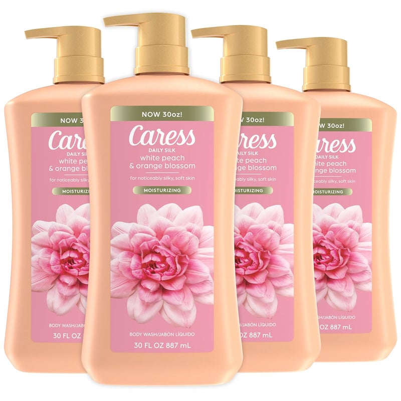 Caress Body Wash With Pump Daily Silk White Peach Orange Blossom Body Soap for Noticeably Silky Soft Skin 30 fl oz 4 Pack