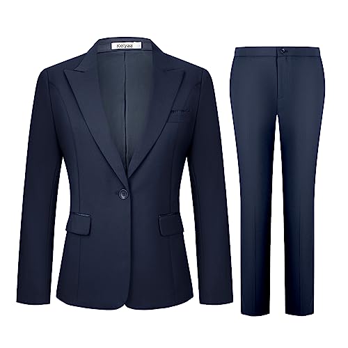 Kelyaa Women's 2 Piece Business Office Suit Lady Peaked Lapel Slim Fit One Button Blazer Jacket and Pants Set Navy Blue - Image 2
