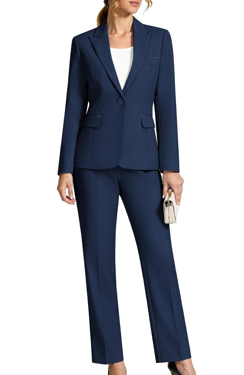 Kelyaa Women's 2 Piece Business Office Suit Lady Peaked Lapel Slim Fit One Button Blazer Jacket and Pants Set Navy Blue - Image 1