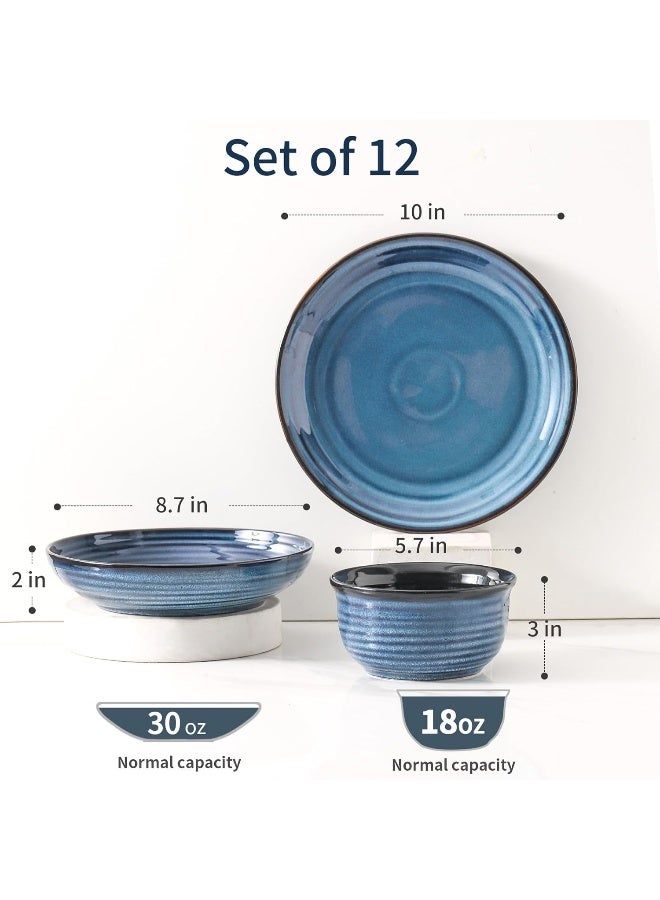 Hasense Ceramic Plates and Bowls Dishes Set 12 Pieces Handmade Reactive Glaze Dinnerware Set of 4 Plates Pasta bowls Cereal Bowls Chip and Scratch Resistant Dinner Dishes Service Blue - Image 3
