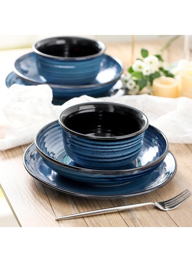 Hasense Ceramic Plates and Bowls Dishes Set 12 Pieces Handmade Reactive Glaze Dinnerware Set of 4 Plates Pasta bowls Cereal Bowls Chip and Scratch Resistant Dinner Dishes Service Blue - Image 2