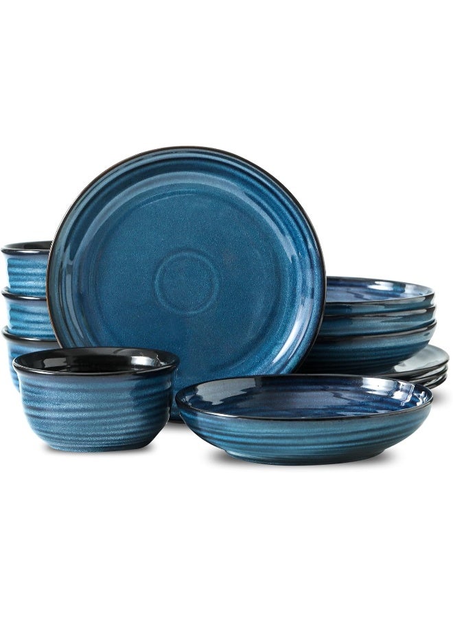 Hasense Ceramic Plates and Bowls Dishes Set 12 Pieces Handmade Reactive Glaze Dinnerware Set of 4 Plates Pasta bowls Cereal Bowls Chip and Scratch Resistant Dinner Dishes Service Blue - Image 1