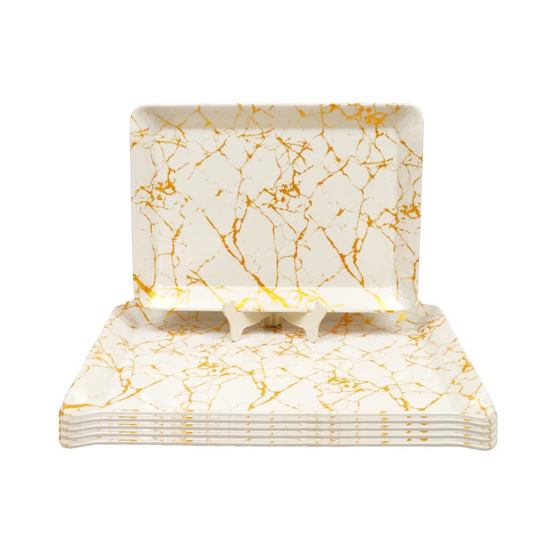 Ariya Melamine Rectangle Serving Tray Set of 6 (White-Gold | Large) Serveware for Food, Drinks, Snacks, Serving Platters for Home, Restaurants, Hotel, Bar, Parties, Office, Dishwasher Safe, Stain Free - Image 1