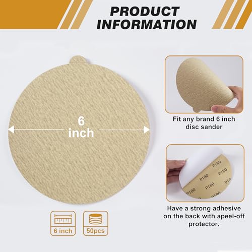 Shawya Premium 6 Inch Gold PSA Sanding Discs 180 Grit (Box of 50) Self Adhesive Stickyback Sandpaper for Wood Working Metal Polishing Easy Attachment Efficient Sanding Performance - Image 4