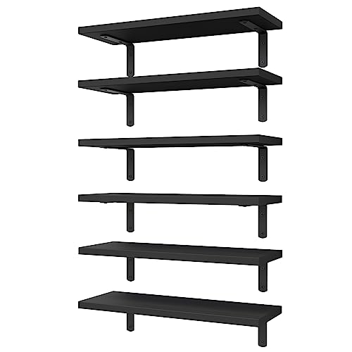 WOPITUES Wood Floating Shelves Set of 6 Shelves for Wall Decor Farmhouse Shelf for Bedroom Bathroom Storage Shelves Book Shelves for Living RoomBlack