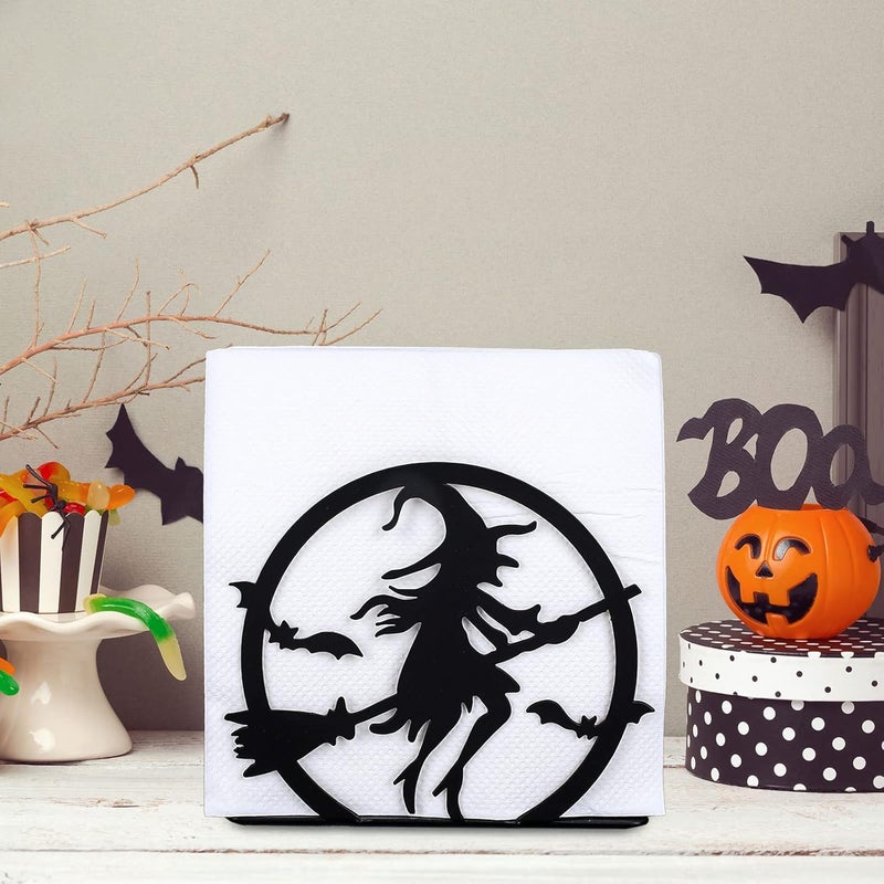 Whaline حامل مناديل هالوين معدني أسود غير لامع بتصميم هوكوس بوكوس، حامل مناديل قائم عمودي للطاولة لحفظ المناديل الورقية المربعة في المنزل والمطبخ والمطعم والنزهات والحفلات - Image 1