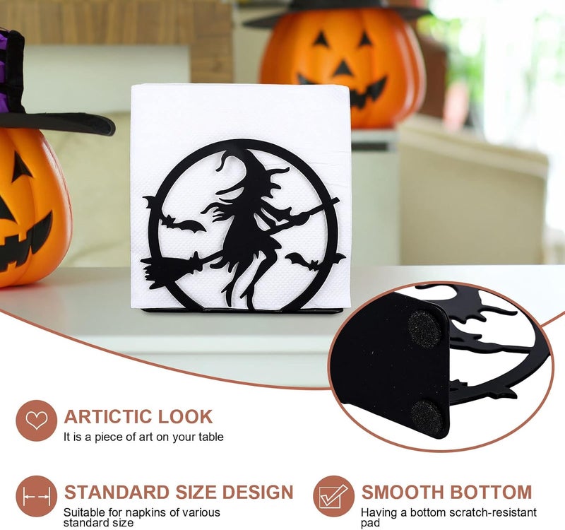 Whaline حامل مناديل هالوين معدني أسود غير لامع بتصميم هوكوس بوكوس، حامل مناديل قائم عمودي للطاولة لحفظ المناديل الورقية المربعة في المنزل والمطبخ والمطعم والنزهات والحفلات - Image 3