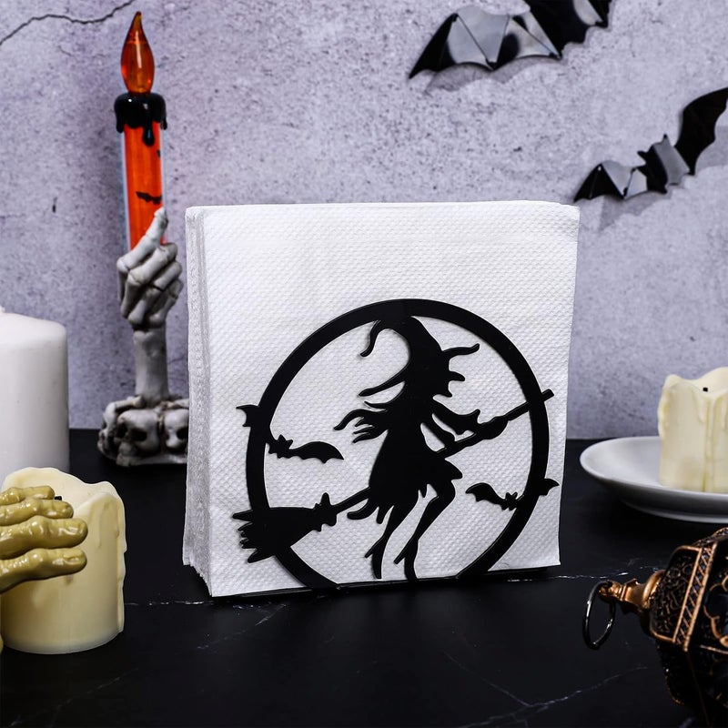 Whaline حامل مناديل هالوين معدني أسود غير لامع بتصميم هوكوس بوكوس، حامل مناديل قائم عمودي للطاولة لحفظ المناديل الورقية المربعة في المنزل والمطبخ والمطعم والنزهات والحفلات - Image 5