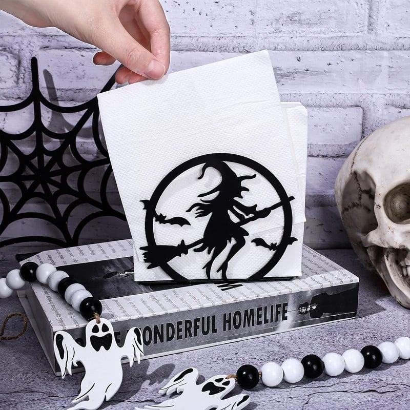 Whaline حامل مناديل هالوين معدني أسود غير لامع بتصميم هوكوس بوكوس، حامل مناديل قائم عمودي للطاولة لحفظ المناديل الورقية المربعة في المنزل والمطبخ والمطعم والنزهات والحفلات - Image 4