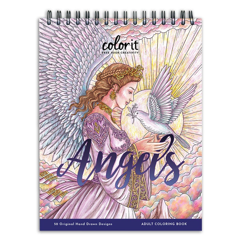 كولور إت كتاب تلوين للكبار من ColorIt Angels، غلاف حلزوني، 50 رسمة أصلية للملائكة والملائكة المقربين - ورق سميك، صفحات مثقبة، غلاف مقوى، ورق ماص للحبر - Image 1