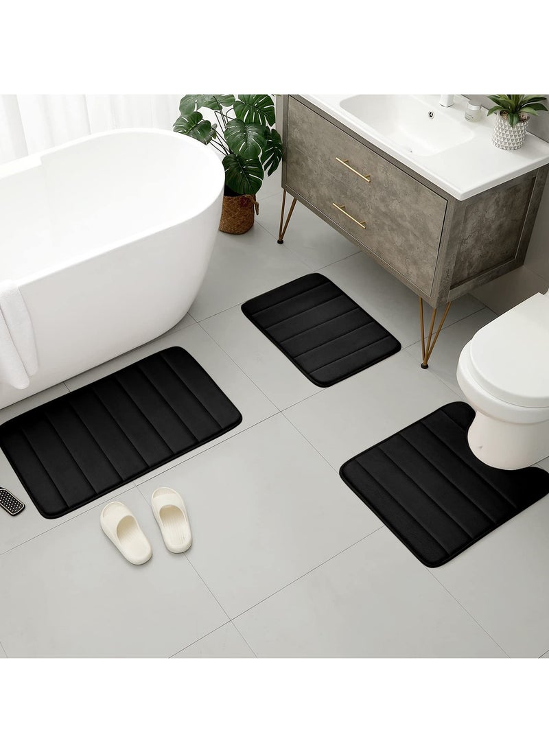 XiuWoo Bathroom Rugs Sets 3 Piece, Memory Foam Bathroom Mats Set Extra Thick, Non Slip Bath Mats for Bathroom, Water Absorbent, Washable Bath Rugs for Tub, Toilet and Floor-Black  - Image 2