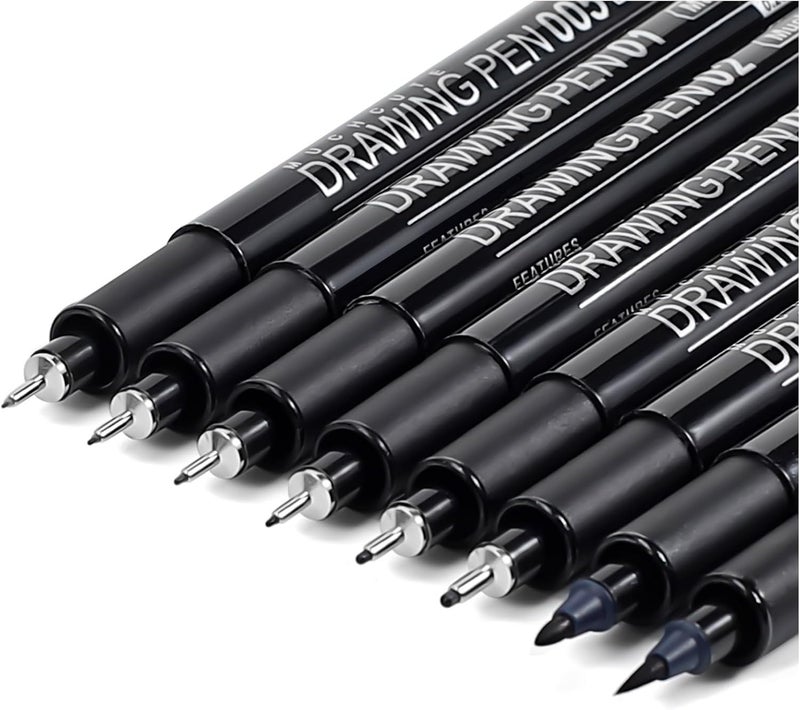 KOUSICOO أقلام رسم دقيقة من Muchcute Micro Fineliner: مجموعة من 8 أقلام سوداء خط دقيق مقاوم للماء، أد��ات فنية، علامات حبر أرشيفية، أقلام تحديد، رسم احترافي، مخطط، حرف يدوية، رسم تخطيطي، ألوان مائية، زينتانجل. - Image 1