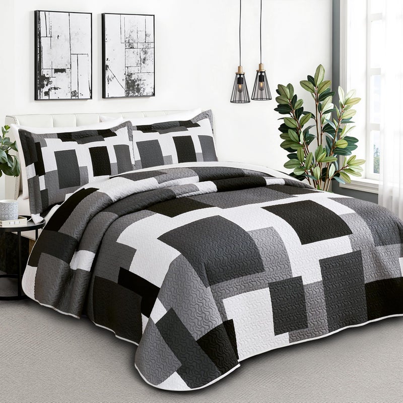 Tyrot 3 Piece Black Grey Quilt Set Full/Queen Size Black White Geometric Reversible Bedding Set Microfiber Lightweight Bedspread Coverlet with 2 Shams Modern Bed Covers for All Season, 90''x96'' - Image 2