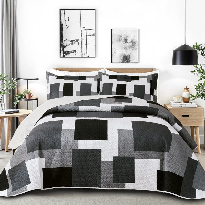 Tyrot 3 Piece Black Grey Quilt Set Full/Queen Size Black White Geometric Reversible Bedding Set Microfiber Lightweight Bedspread Coverlet with 2 Shams Modern Bed Covers for All Season, 90''x96'' - Image 1