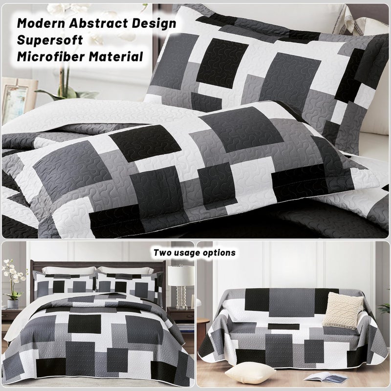 Tyrot 3 Piece Black Grey Quilt Set Full/Queen Size Black White Geometric Reversible Bedding Set Microfiber Lightweight Bedspread Coverlet with 2 Shams Modern Bed Covers for All Season, 90''x96'' - Image 3