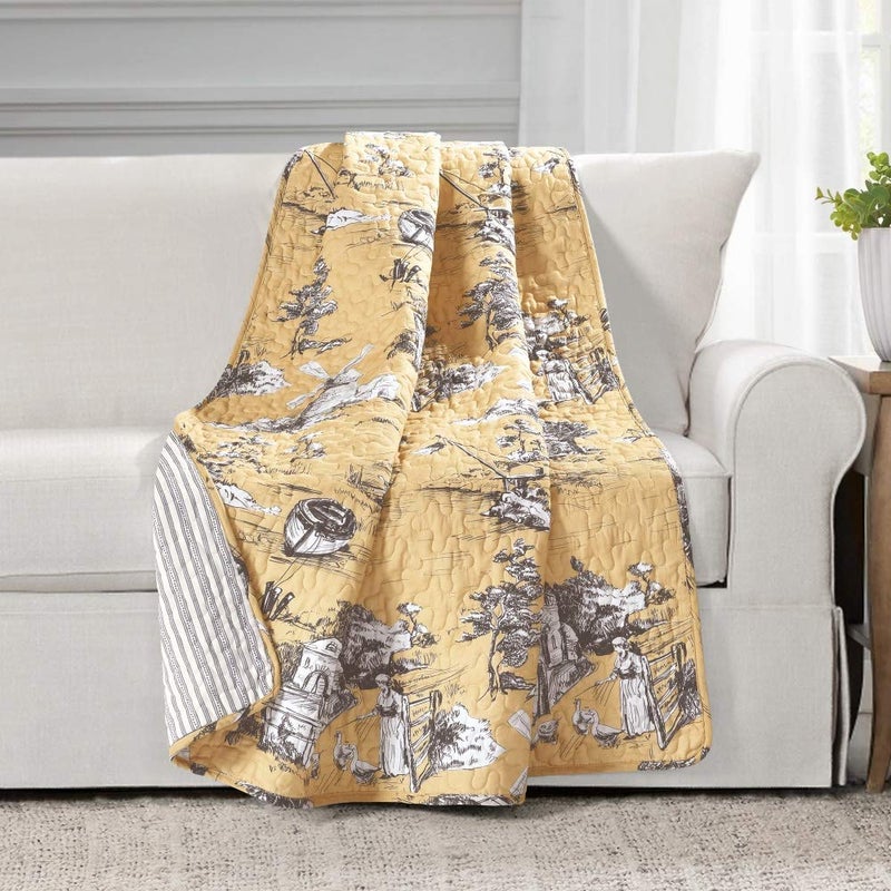 Lush Decor Lush Decor French Country Toile Cotton Reversible Throw Blanket Yellow  Gray 60 x 50 
