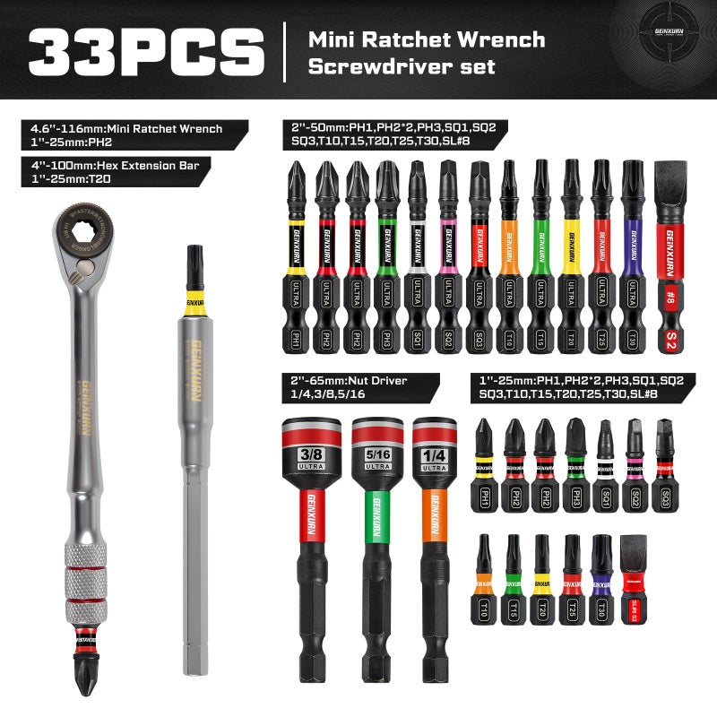Geinxurn 33Pcs T-Handle Ratchet Wrench Set,72-Tooth 1/4" Reversible Ratchet with Nut Driver, Extension Bar, and 1â€Impact Magnetic (Phillips/Torx/Slotted) Screwdriver Bit in Coded Base for Repair - Image 2