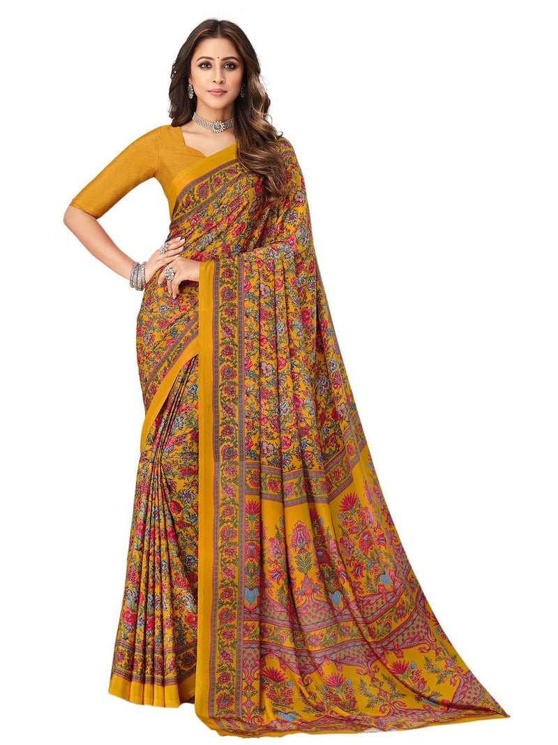 SIRIL Women's Printed Silk Crepe Saree with Unstitched Blouse Piece(2400S1071_Turmeric Yellow & Multi) - Image 1
