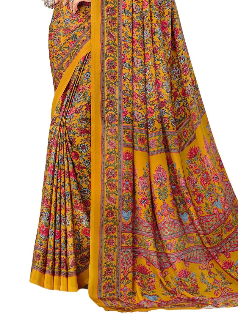 SIRIL Women's Printed Silk Crepe Saree with Unstitched Blouse Piece(2400S1071_Turmeric Yellow & Multi) - Image 3