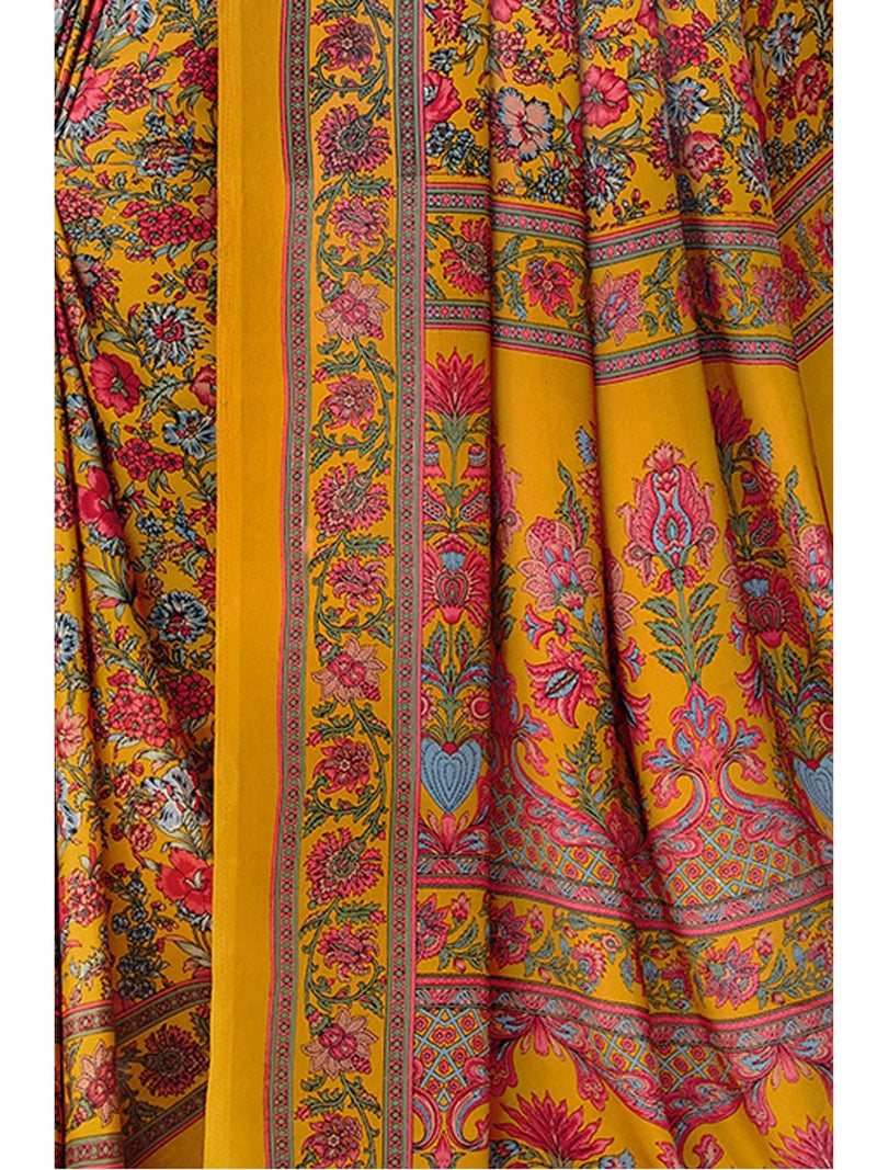SIRIL Women's Printed Silk Crepe Saree with Unstitched Blouse Piece(2400S1071_Turmeric Yellow & Multi) - Image 4