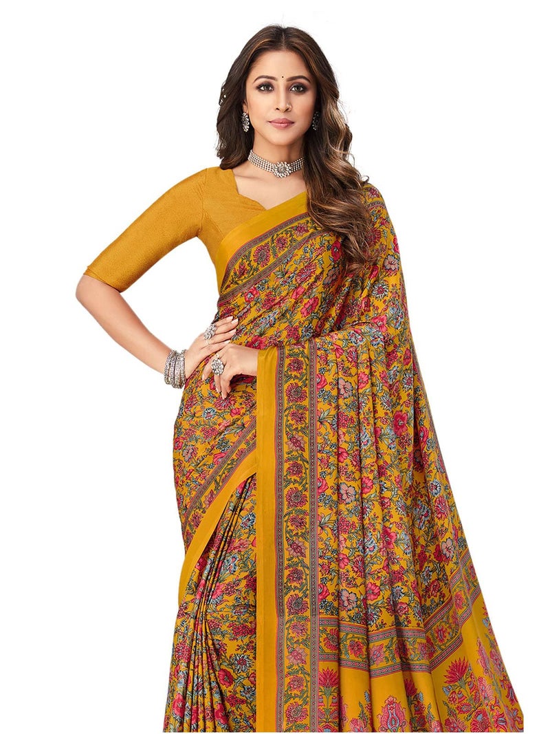 SIRIL Women's Printed Silk Crepe Saree with Unstitched Blouse Piece(2400S1071_Turmeric Yellow & Multi) - Image 2